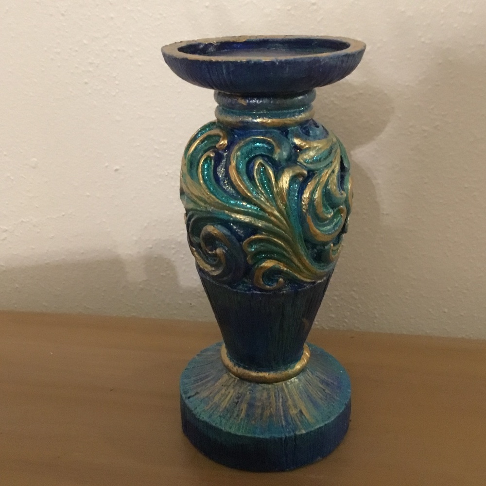 New Hand Painted Teal Wooden Candle Holder - Picture 2 of 4